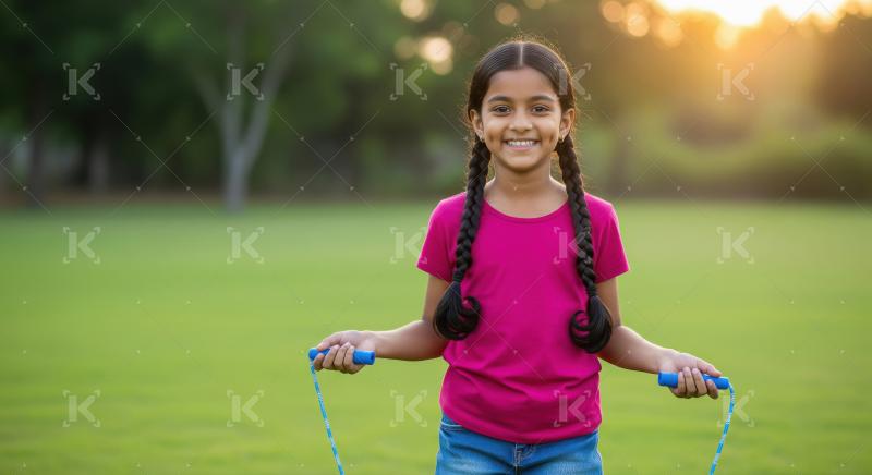 Happy Indian Girl Holds Jump Rope in Park