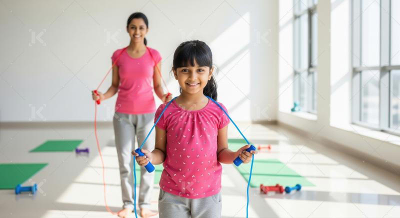 Happy Indian Mother and Daughter Skipping Ropes Together