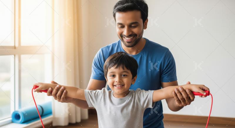 Happy father teaches son jump rope for exercise