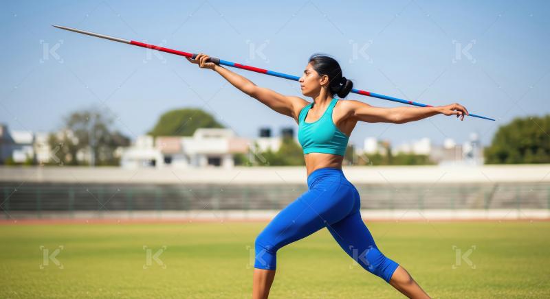 Indian Female Athlete Ready to Throw Javelin on Sunny Day
