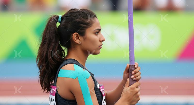 Focused female javelin thrower athlete with kinesiology tape at