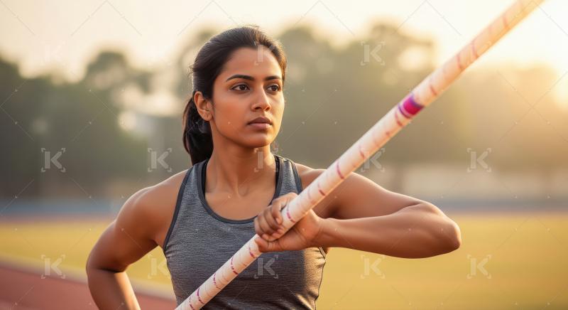 Focused Woman Pole Vaulter on Track at Golden Hour
