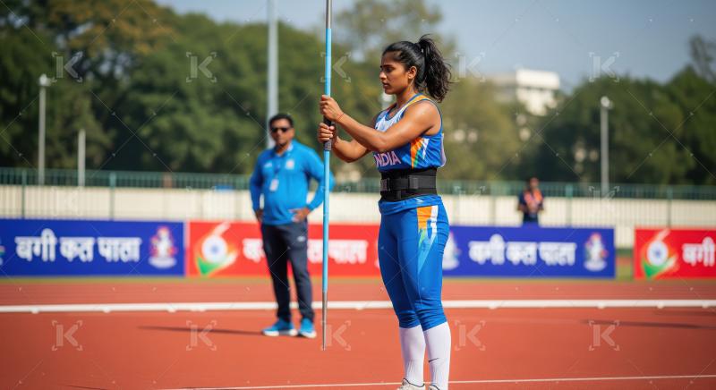 Young Indian athlete holding javelin on track, preparing to thro