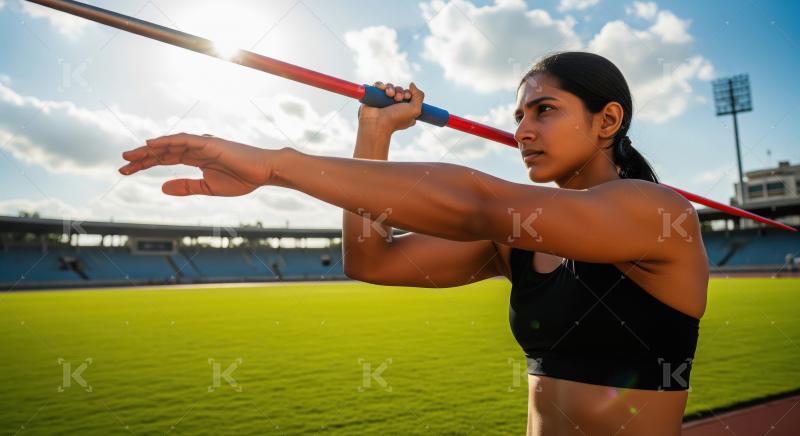 Focused Female Javelin Thrower Ready for Track and Field Competi