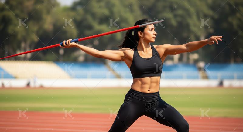 Focused Female Athlete Javelin Throwing on Track
