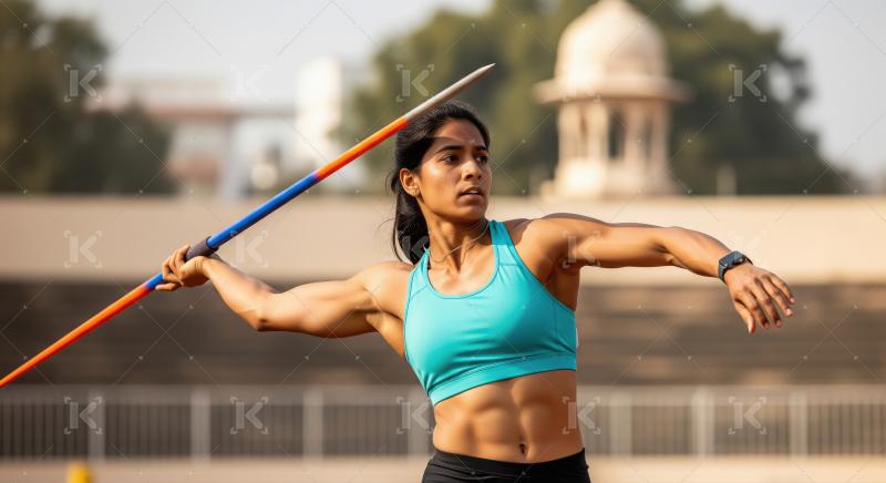 Determined Female Javelin Thrower Ready to Compete at Stadium