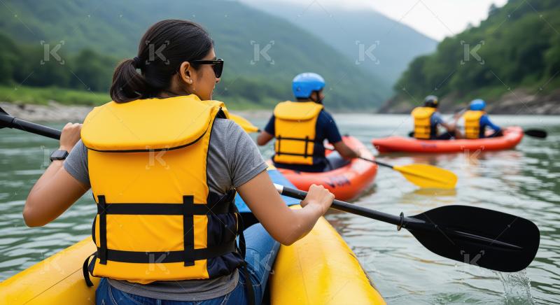 Woman Kayaking on River with Friends Amidst Green Mountains