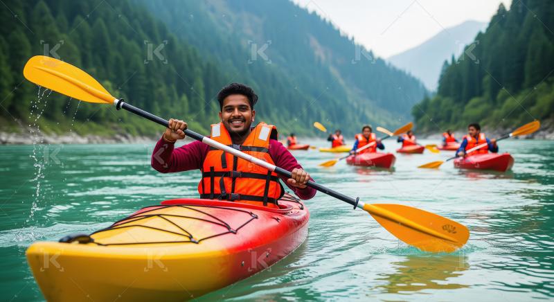 Smiling Man Kayaking on Serene River with Friends in Mountains