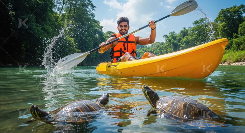 Joyful Man Kayaking, Splashing Water Near Curious Turtles