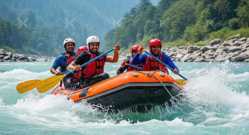 Joyful men enjoy thrilling white water rafting adventure.