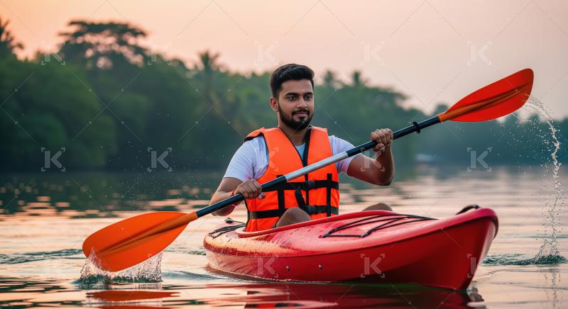 Young Man Kayaking in Tranquil Water at Sunset