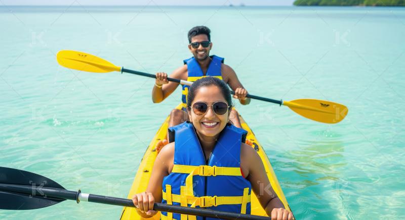 Happy Couple Kayaking in Beautiful Turquoise Tropical Waters
