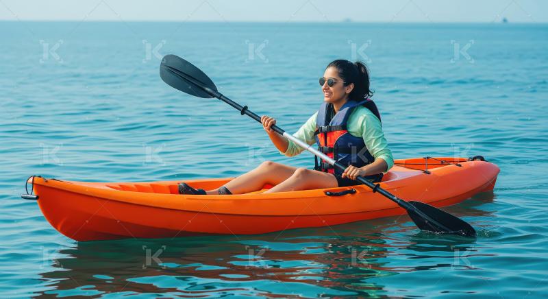 Smiling Woman Enjoys Kayaking Adventure on Calm Ocean Water