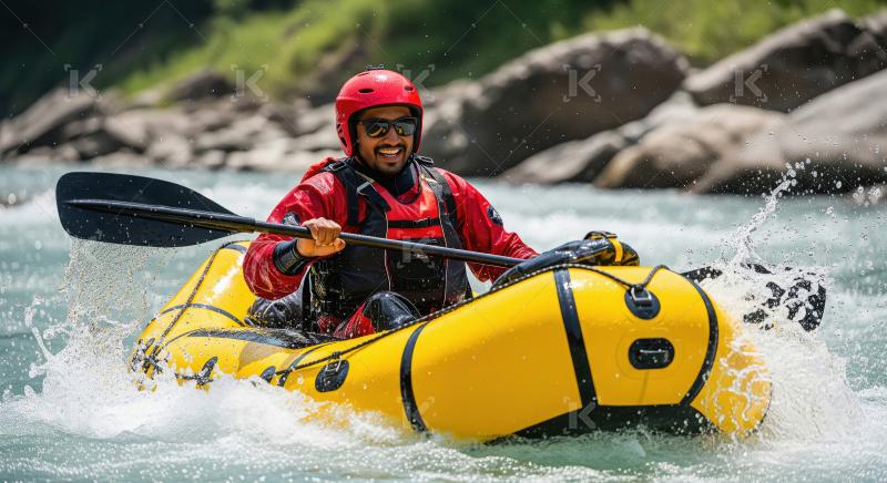Adventurous kayaker navigates challenging rapids with a wide smi
