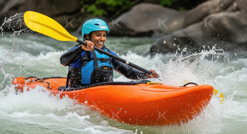Smiling Woman Kayaking Through Whitewater with Yellow Paddle