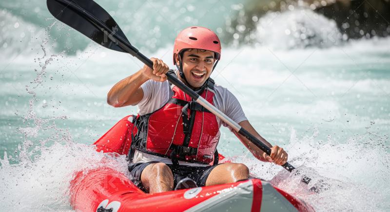 Young Man Joyfully Paddling Inflatable Kayak on Rushing River