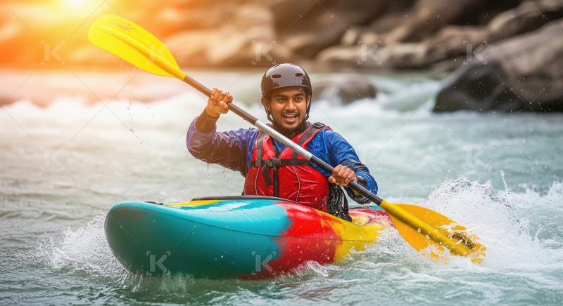 Enthusiastic Kayaker Navigating Whitewater Rapids Under Bright S
