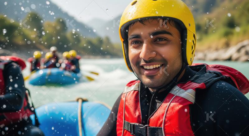Happy Man Rafting: Adventure in Yellow Helmet and Red Vest
