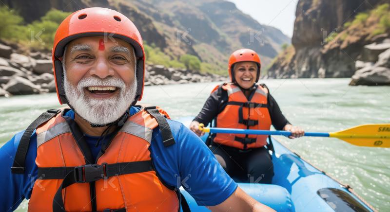 Joyful Indian Senior Couple White Water Rafting Adventure