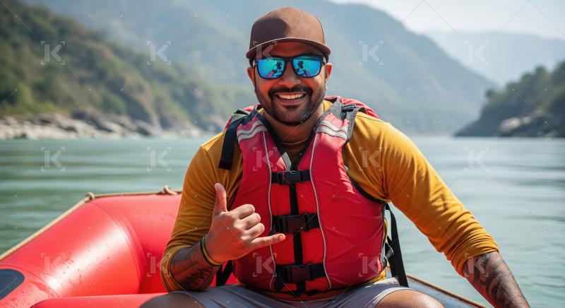 Adventurous Man Smiling in Raft on Scenic River Journey