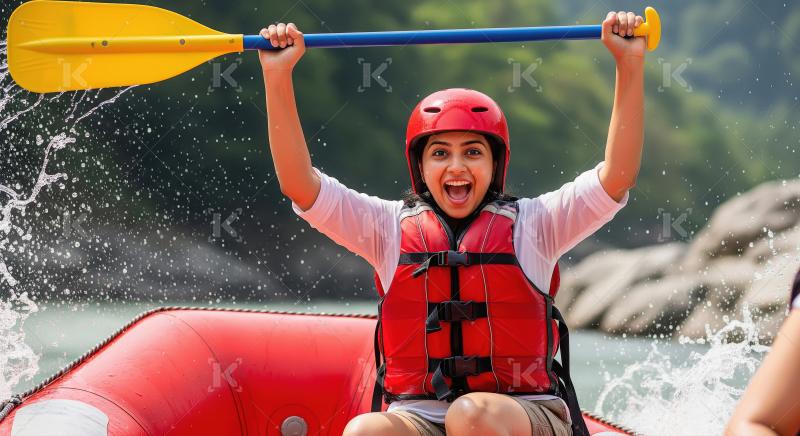 Thrilled Woman Enjoying Whitewater Rafting Adventure with Paddle