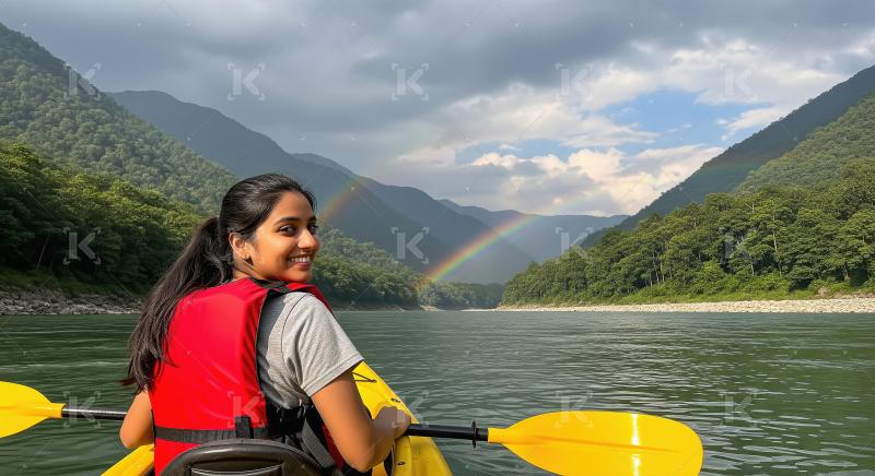 Smiling Woman Kayaking on River with Rainbow and Mountains