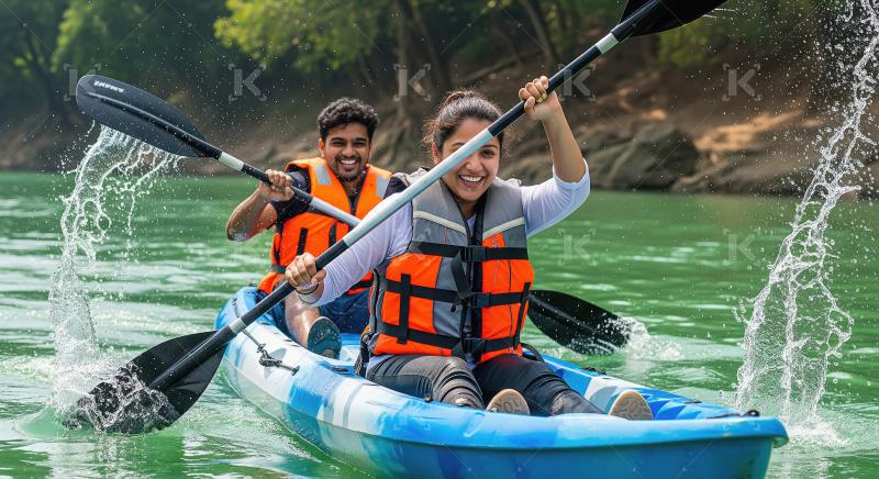 Joyful Couple Kayaking on Green Water with Splashes