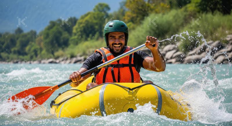 Joyful Man Whitewater Rafting on River with Splashing Water