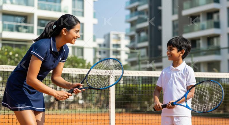Happy woman coaching smiling boy on outdoor tennis court