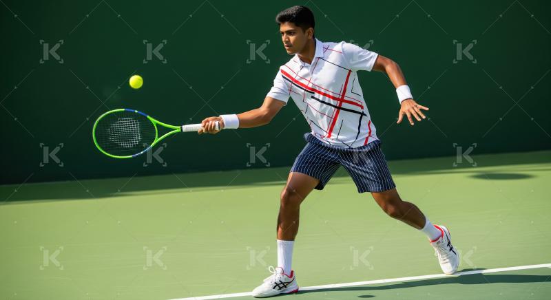 Focused Athlete Plays Tennis, Striking Ball with Racket on Court