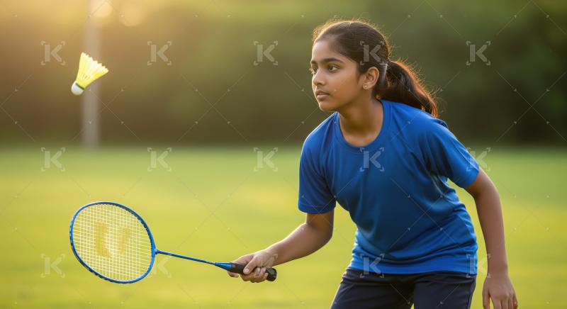 Focused Indian Girl Playing Badminton Outdoors in Golden Light