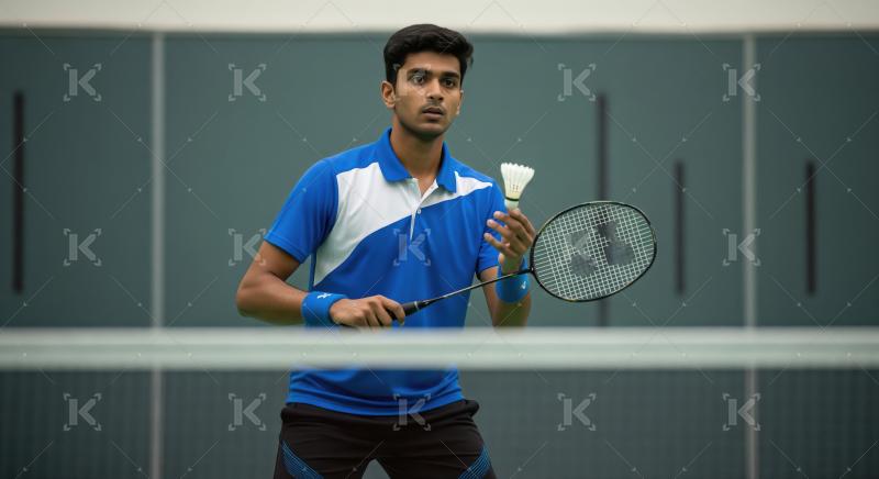 Young male badminton player ready with racket and shuttlecock.