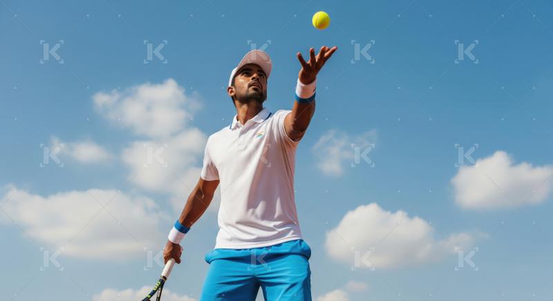 Male Tennis Player Tossing Ball for Serve on Court