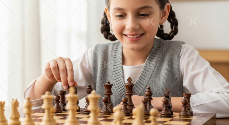 Smiling Young Girl Plays Chess, Focused on Strategic Move