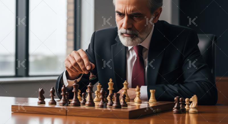 Senior Businessman Strategically Plays Chess, Deep in Thought