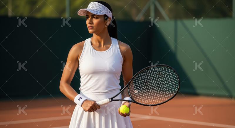 Focused female tennis player ready on court with racket and ball