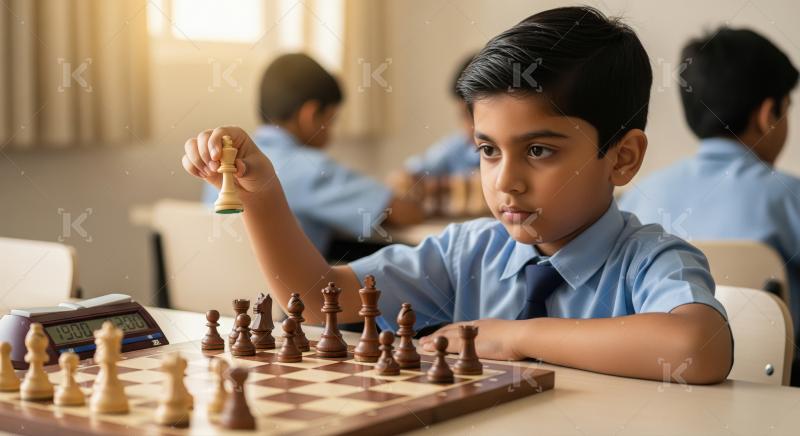 Focused Schoolboy Strategically Playing Chess in a Tournament