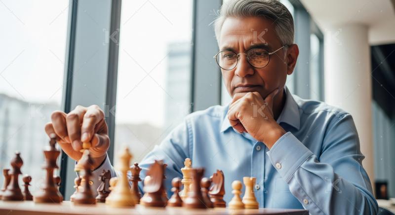 Mature man intently plays chess, deep in strategic thought.