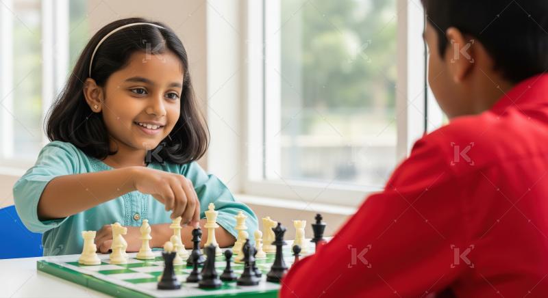 Young Indian girl and boy playing chess in bright room