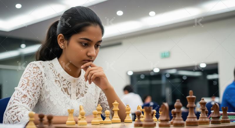 Young Woman Deeply Focused on Chess Game
