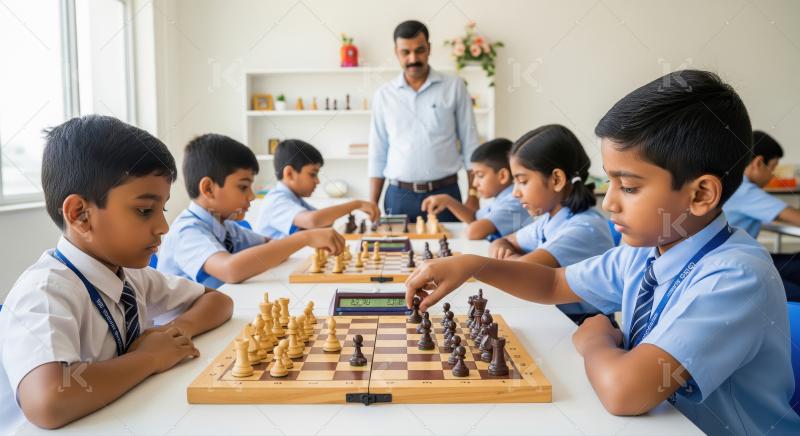 Focused Indian School Children Playing Chess with Teacher