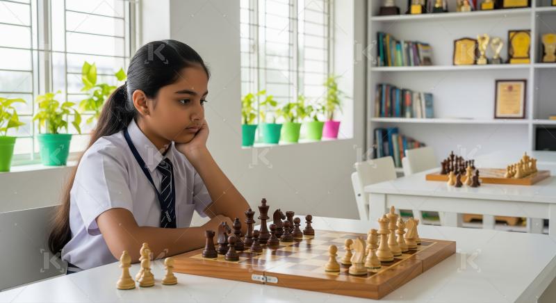 Indian Schoolgirl Concentrating on Chess Game Strategy in Classr