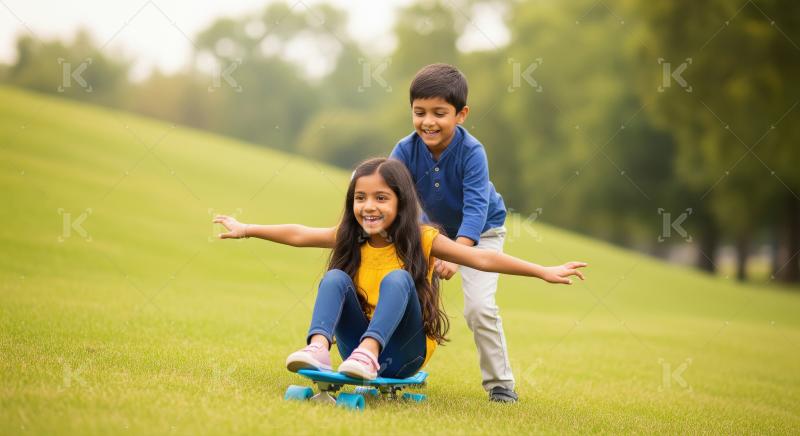 Smiling Children Enjoying Skateboard Ride Together Outdoors