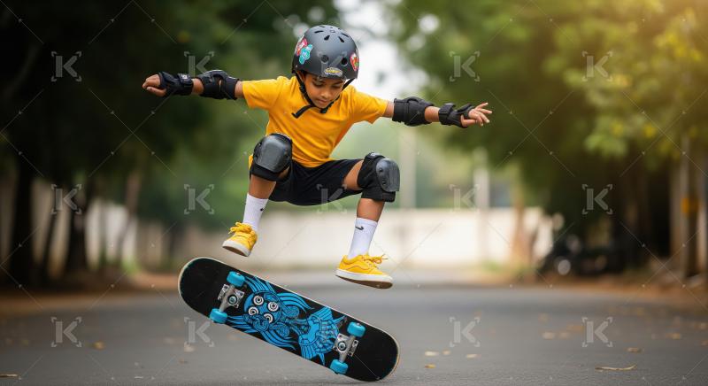 Young Skateboarder Jumps High in Air with Safety Gear