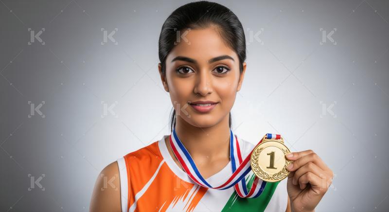 Proud Indian Athlete Displays Gold Medal with Triumphant Smile