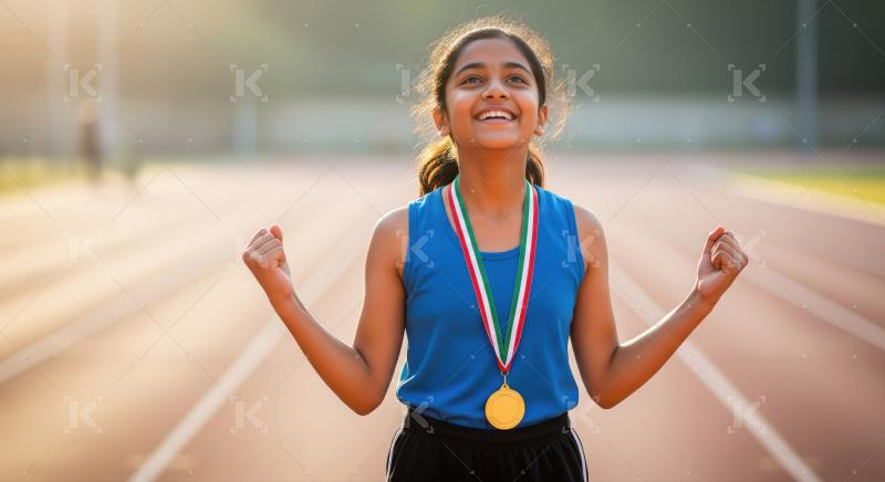 Joyful Young Indian Athlete Celebrating Gold Medal Victory on Tr