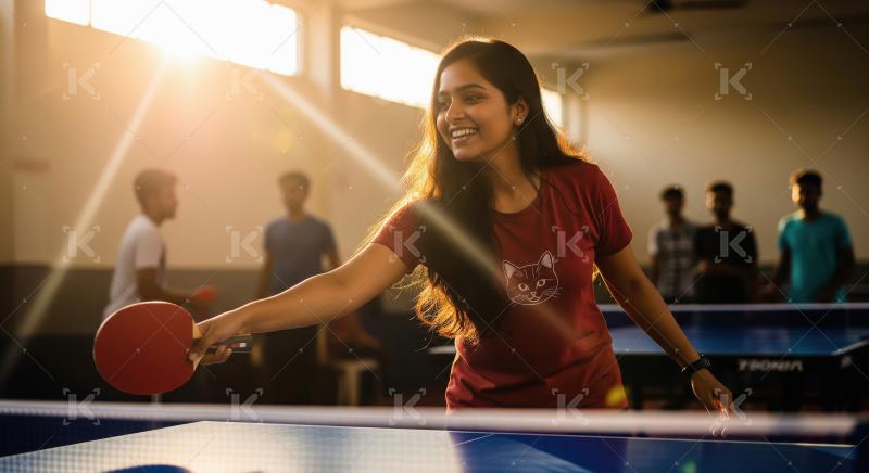 Joyful young woman playing table tennis in sunlit hall