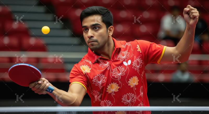 Focused Male Table Tennis Player Hitting Ball in Arena