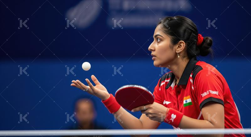 Indian Female Table Tennis Player Serving During an Intense Matc