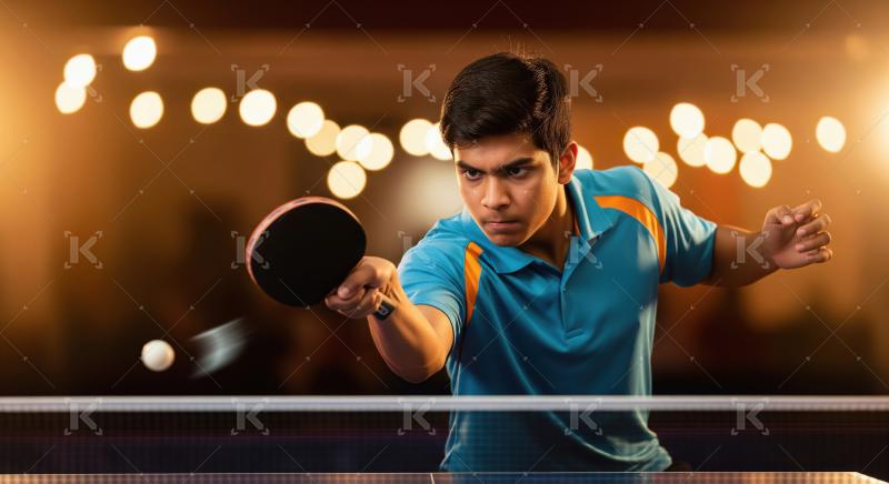 Focused Young Man Playing Table Tennis with Intense Concentratio
